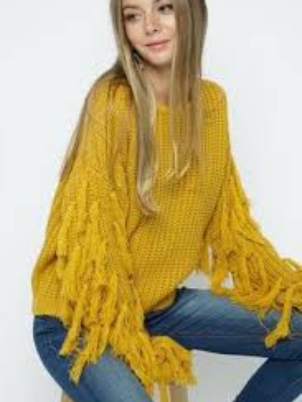 Blue B Mustard Fringe Sleeve Chunky Knit Sweater Boho